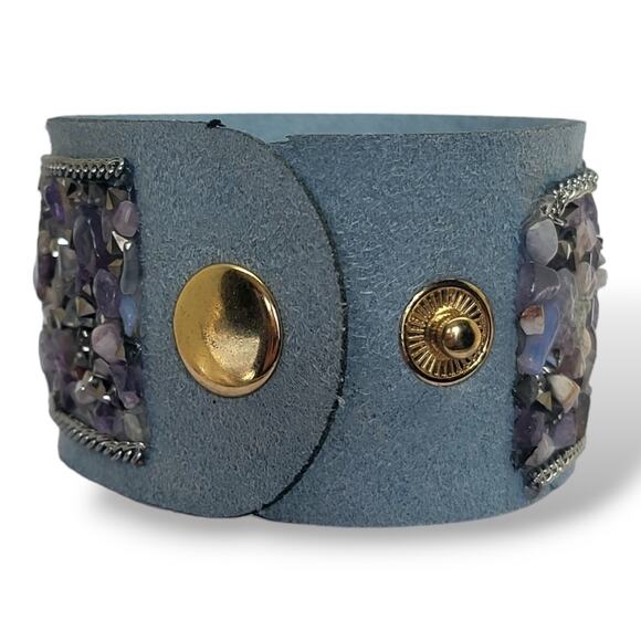 New Blue Suede Leather Tumbled Amethyst Moonstone Quartz Hematite Bracelet 7" - Picture 4 of 7